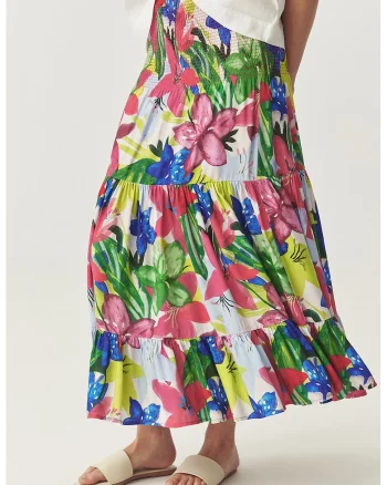 Fusta stratificata cu model floral, Albastru royal/Roz/Verde feriga