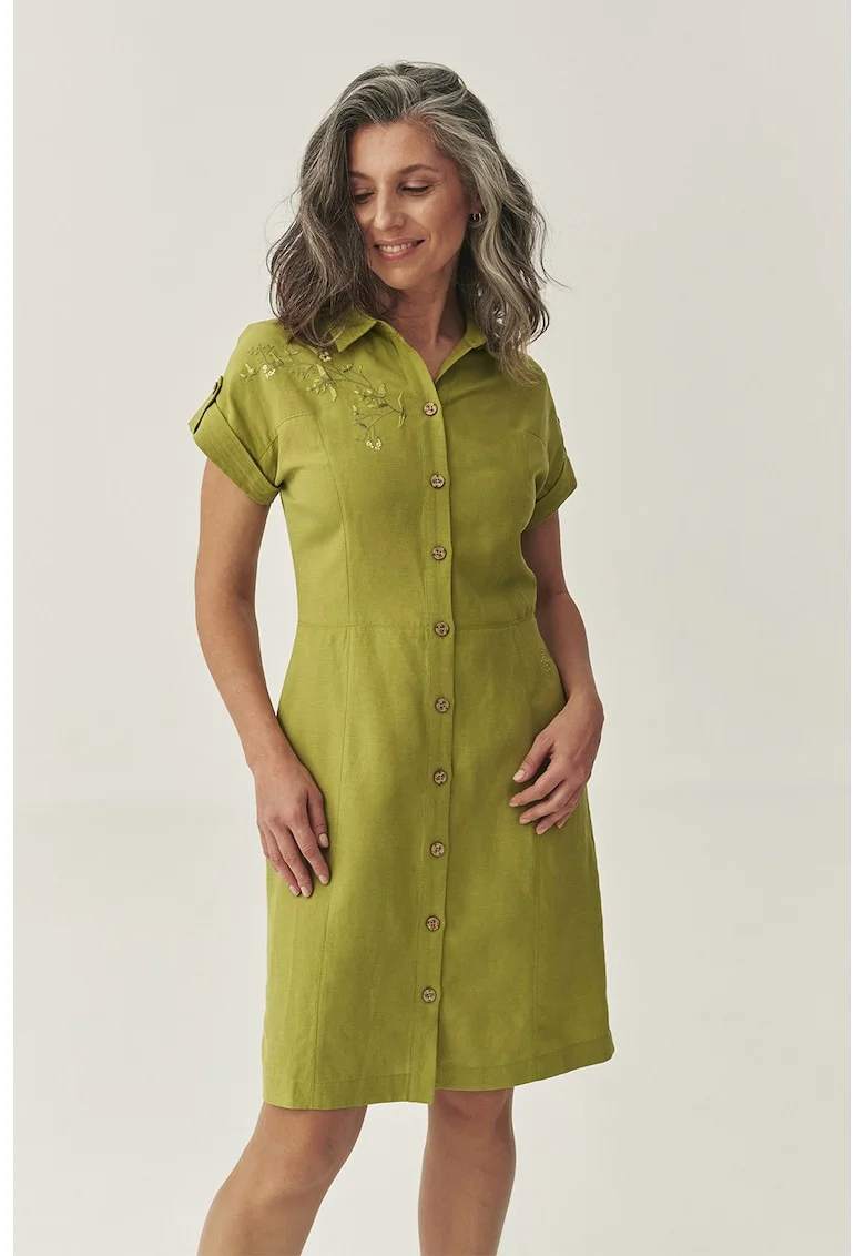 Rochie din amestec de in si lyocell cu detaliu floral brodat, Verde masliniu