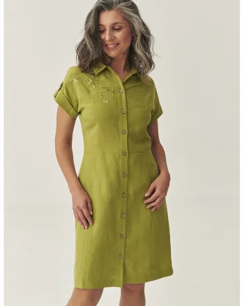 Rochie din amestec de in si lyocell cu detaliu floral brodat, Verde masliniu