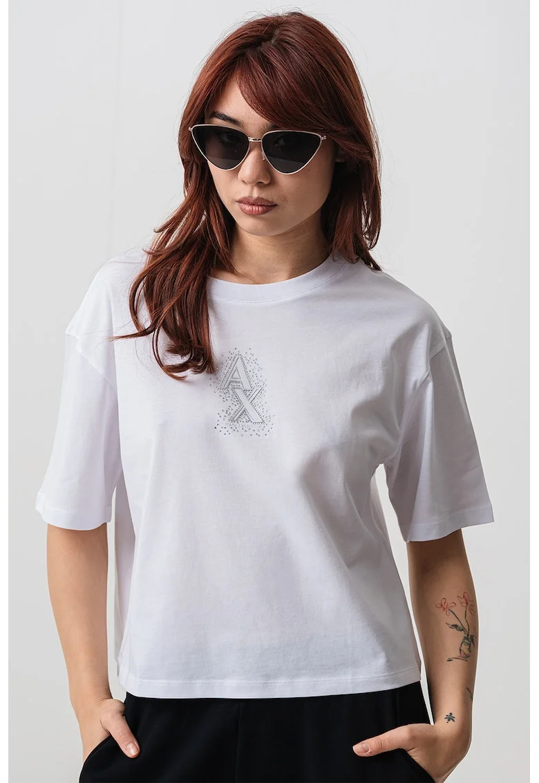 Tricou cu maneci cazute, Alb optic/Argintiu