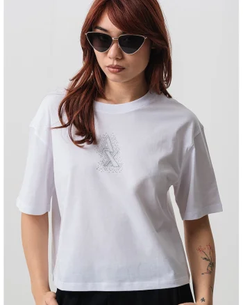 Tricou cu maneci cazute, Alb optic/Argintiu