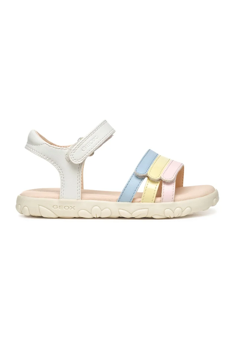 Sandale de piele ecologica cu velcro, Alb/Galben/Roz