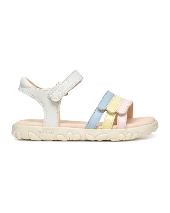 Sandale de piele ecologica cu velcro, Alb/Galben/Roz