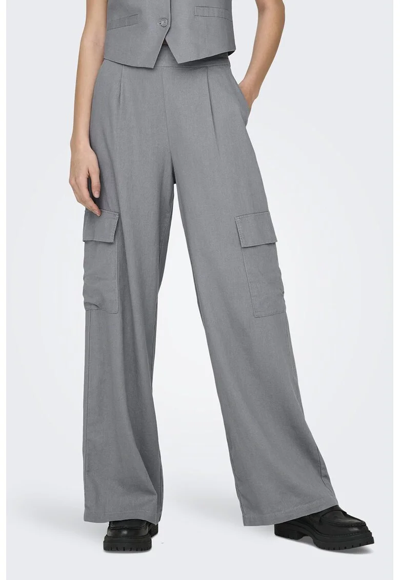 Pantaloni din amestec de in cu buzunare cu clapa, Gri