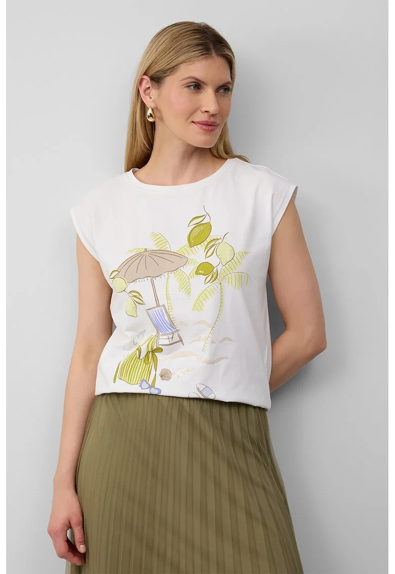 Tricou cu imprimeu si decolteu rotund, Alb/Verde masliniu