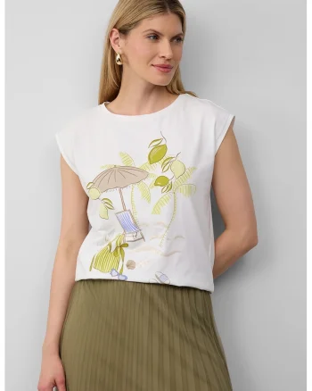 Tricou cu imprimeu si decolteu rotund, Alb/Verde masliniu