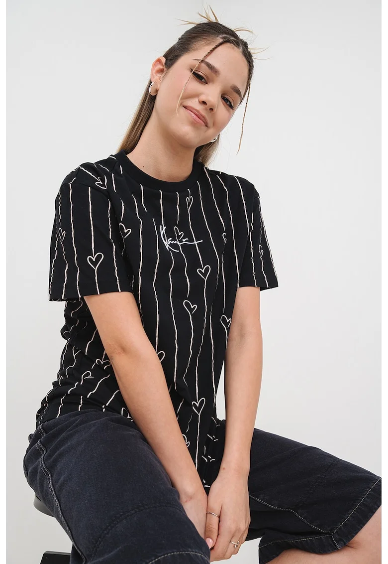 Tricou cu dungi si inimi, Negru/Piersica