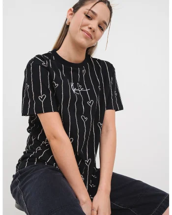 Tricou cu dungi si inimi, Negru/Piersica