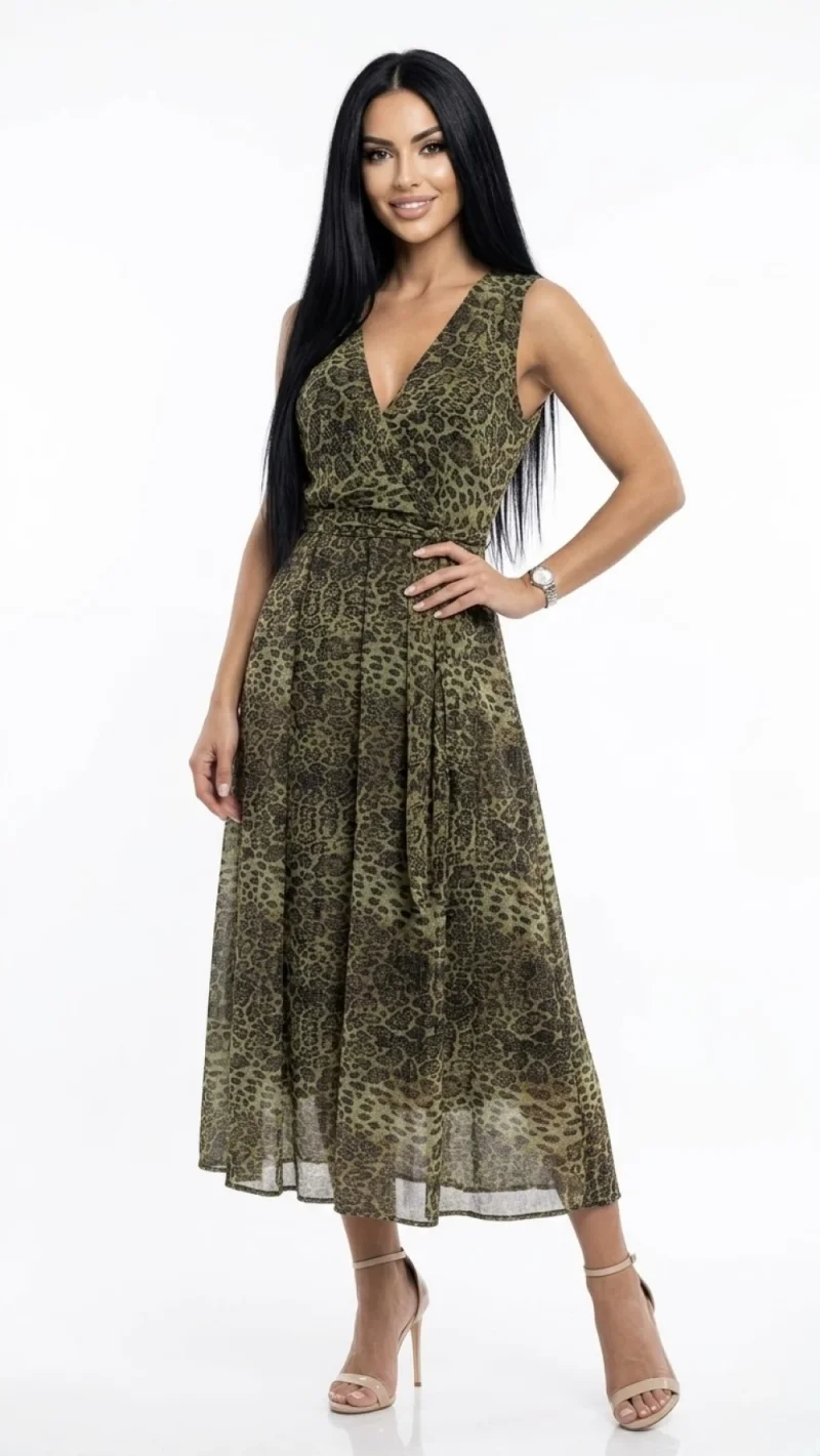 Rochie eleganta verde cu imprimeu leopard si croi in clos