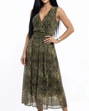 Rochie eleganta verde cu imprimeu leopard si croi in clos