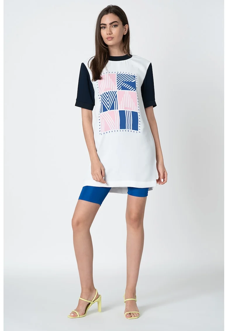 Rochie tip tricou cu imprimeu logo contrastant, Alb/Roz/Bleumarin