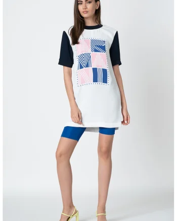 Rochie tip tricou cu imprimeu logo contrastant, Alb/Roz/Bleumarin