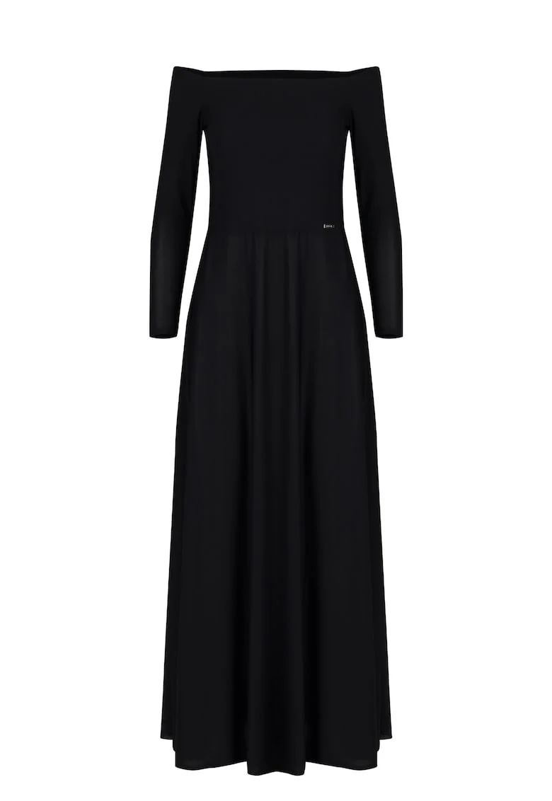 Rochie maxi  model M707, neagra, cu umeri goi si maneci lungi, poliester