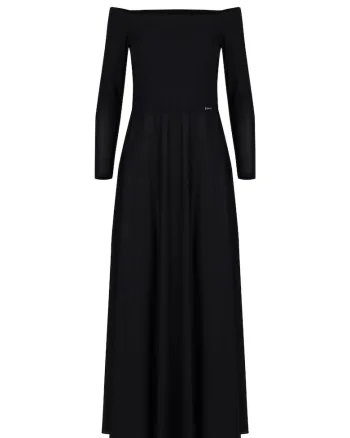 Rochie maxi  model M707, neagra, cu umeri goi si maneci lungi, poliester