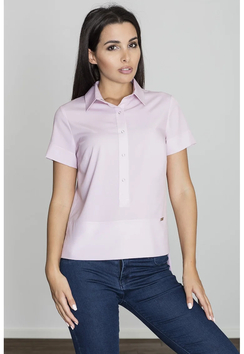 Bluza dama,  Tip camasa, Maneca scurta, Poliester/Elastan, Roz