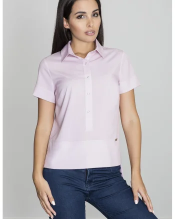 Bluza dama,  Tip camasa, Maneca scurta, Poliester/Elastan, Roz