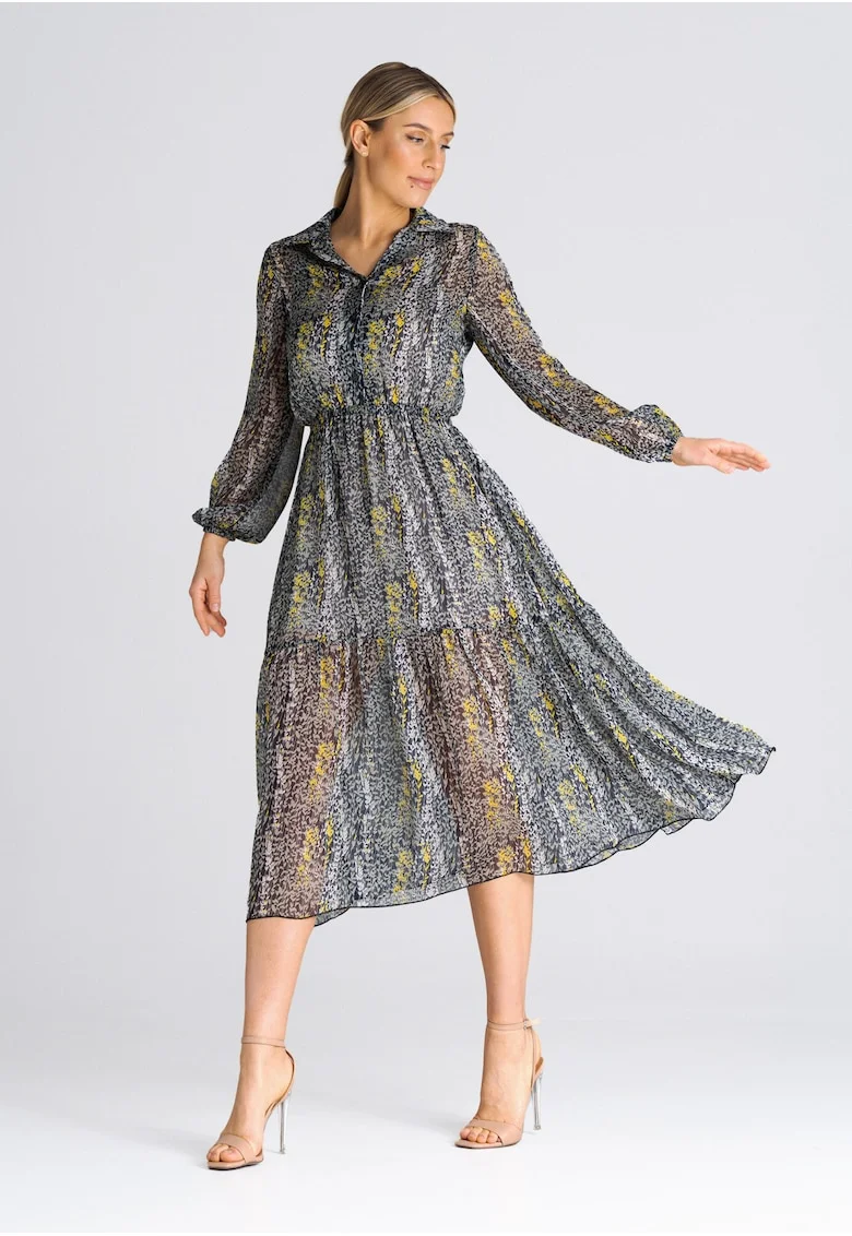 Rochie  evazata, guler gri, floral, poliester