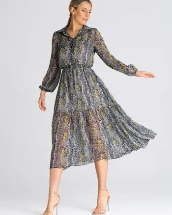 Rochie  evazata, guler gri, floral, poliester