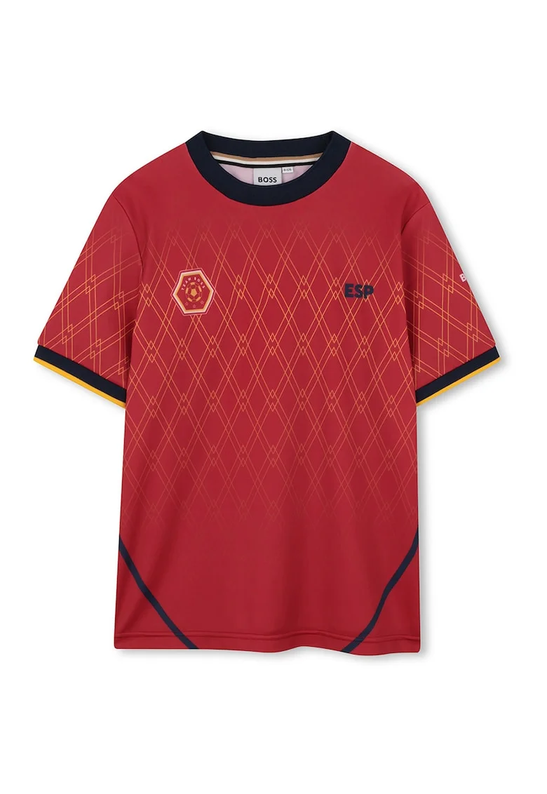 Tricou cu decolteu la baza gatului si model, Rosu/Negru