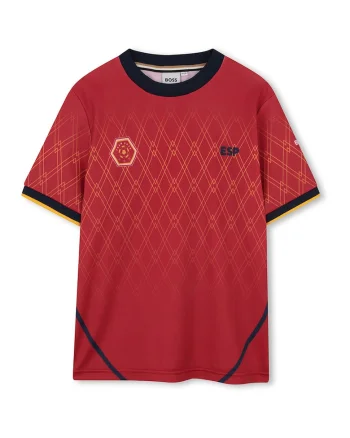 Tricou cu decolteu la baza gatului si model, Rosu/Negru