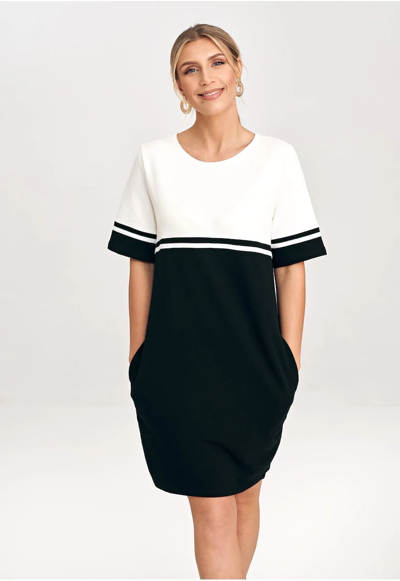 Rochie din bumbac  M1028, doua tonuri, maneci scurte, buzunare, alb/negru