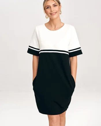 Rochie din bumbac  M1028, doua tonuri, maneci scurte, buzunare, alb/negru