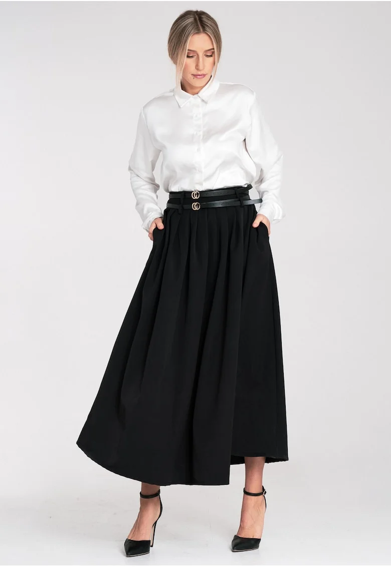 Fusta evazata  midi, neagra, cu curea, buzunare laterale, poliester,