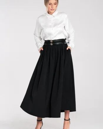 Fusta evazata  midi, neagra, cu curea, buzunare laterale, poliester,