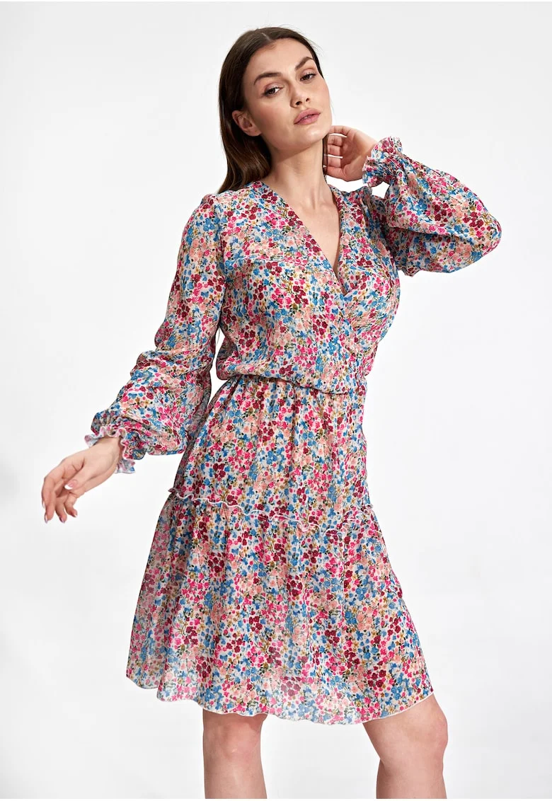Rochie  florala, cu maneci lungi, multicolor, poliester