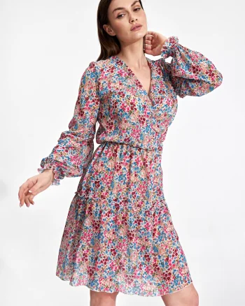 Rochie  florala, cu maneci lungi, multicolor, poliester