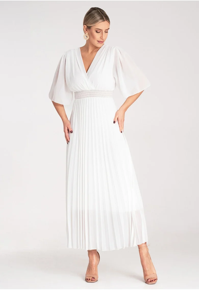 Rochie  plisata, eleganta, alba, midi, poliester,