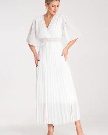Rochie  plisata, eleganta, alba, midi, poliester,