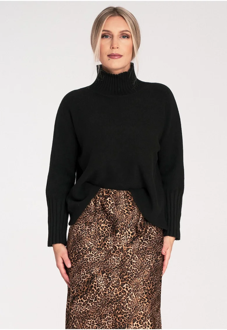 Pulover dama,  elegant, cu guler, negru, fabrica tricotata,