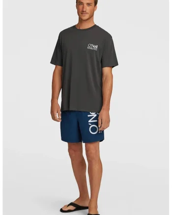 Pantaloni scurti de baie cu talie joasa si imprimeu logo, Albastru indigo