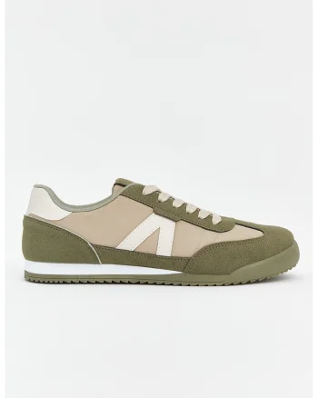 Pantofi sport low-cut cu detalii contrastante, Alb/Maro nisip/Kaki inchis