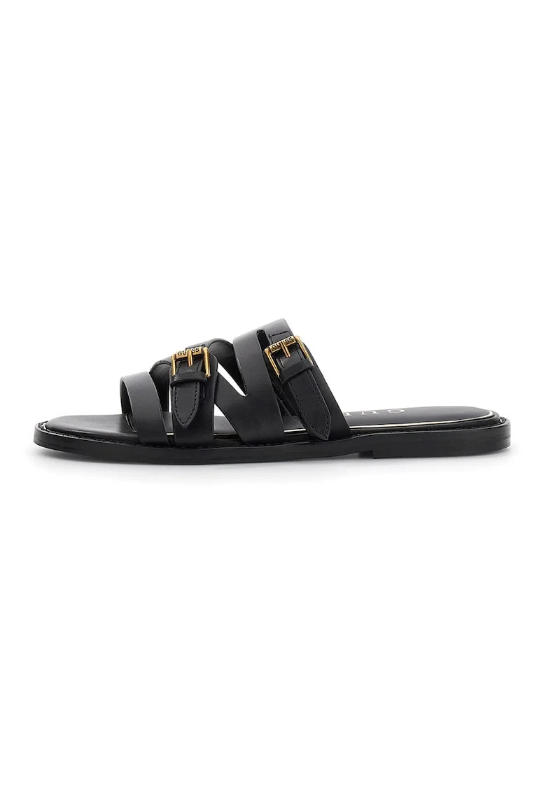 Papuci din piele cu barete multiple cu catarama, Negru