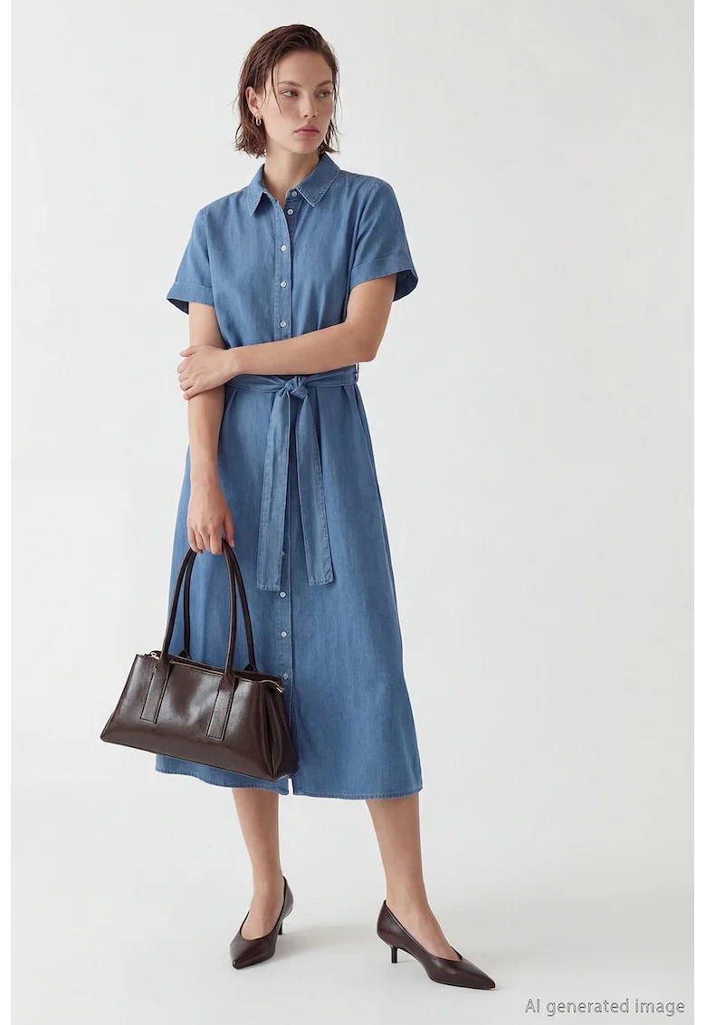 Rochie din denim cu cordon, Albastru prafuit