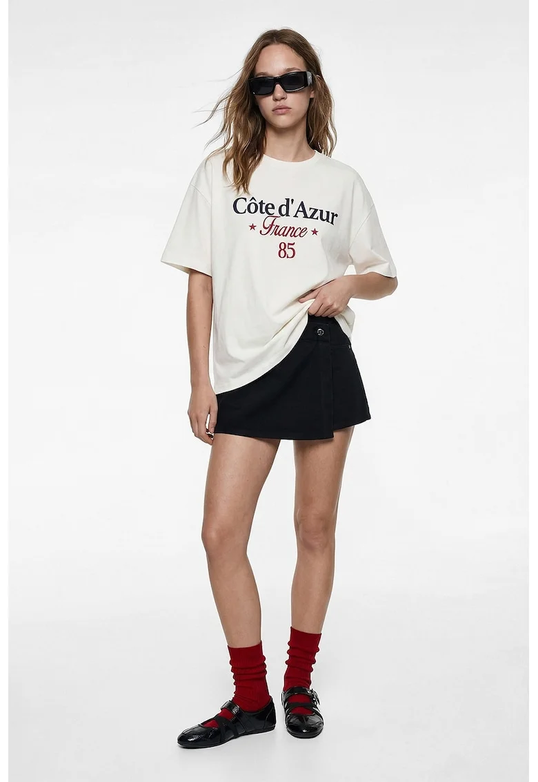 Tricou lejer de bumbac cu broderie, Alb murdar