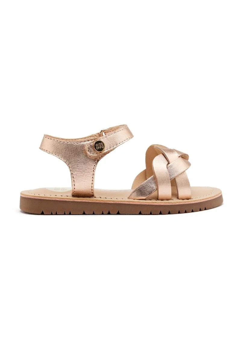 Sandale din piele cu talpa plata si inchidere velcro, Auriu rose