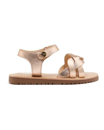 Sandale din piele cu talpa plata si inchidere velcro, Auriu rose