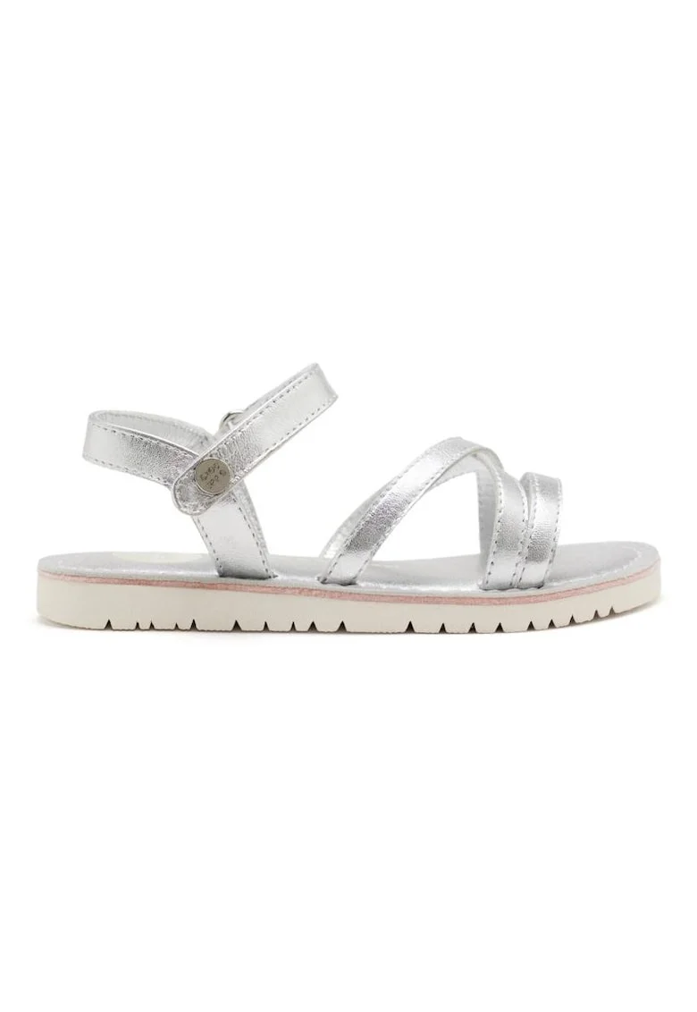 Sandale din piele cu inchidere velcro si model uni, Argintiu