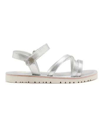 Sandale din piele cu inchidere velcro si model uni, Argintiu