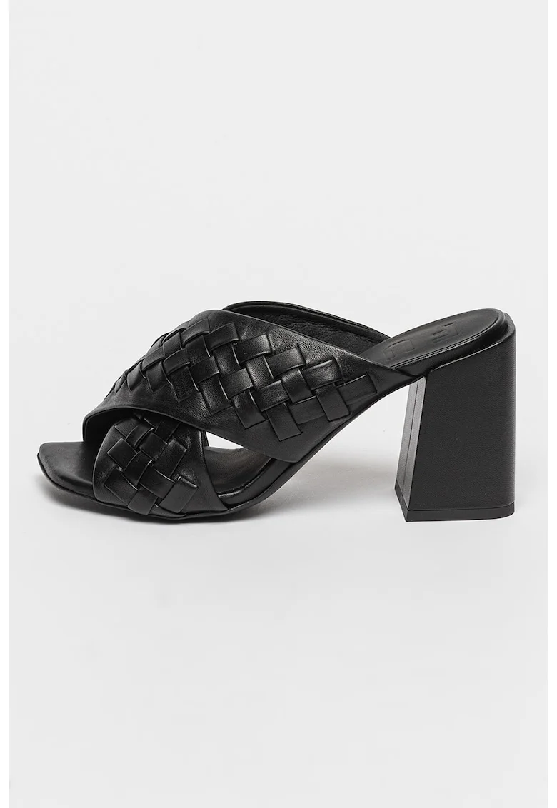 Papuci de piele cu aspect impletit si toc Gerla, Negru