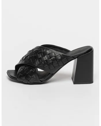 Papuci de piele cu aspect impletit si toc Gerla, Negru