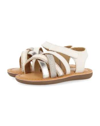 Sandale de piele ecologica si piele cu velcro Ilok, Alb/Argintiu