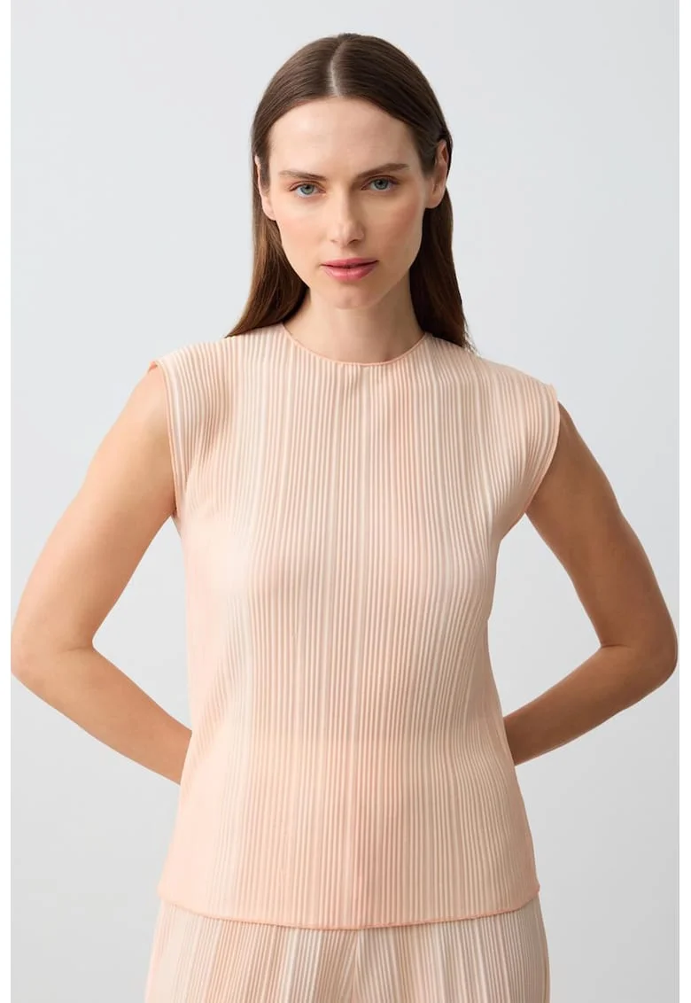 Bluza cu decolteu la baza gatului, fara maneci, cu aspect texturat, Piersica