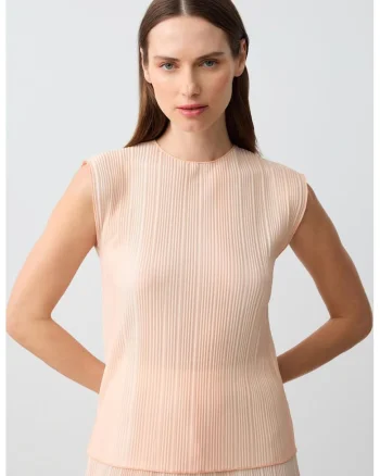 Bluza cu decolteu la baza gatului, fara maneci, cu aspect texturat, Piersica