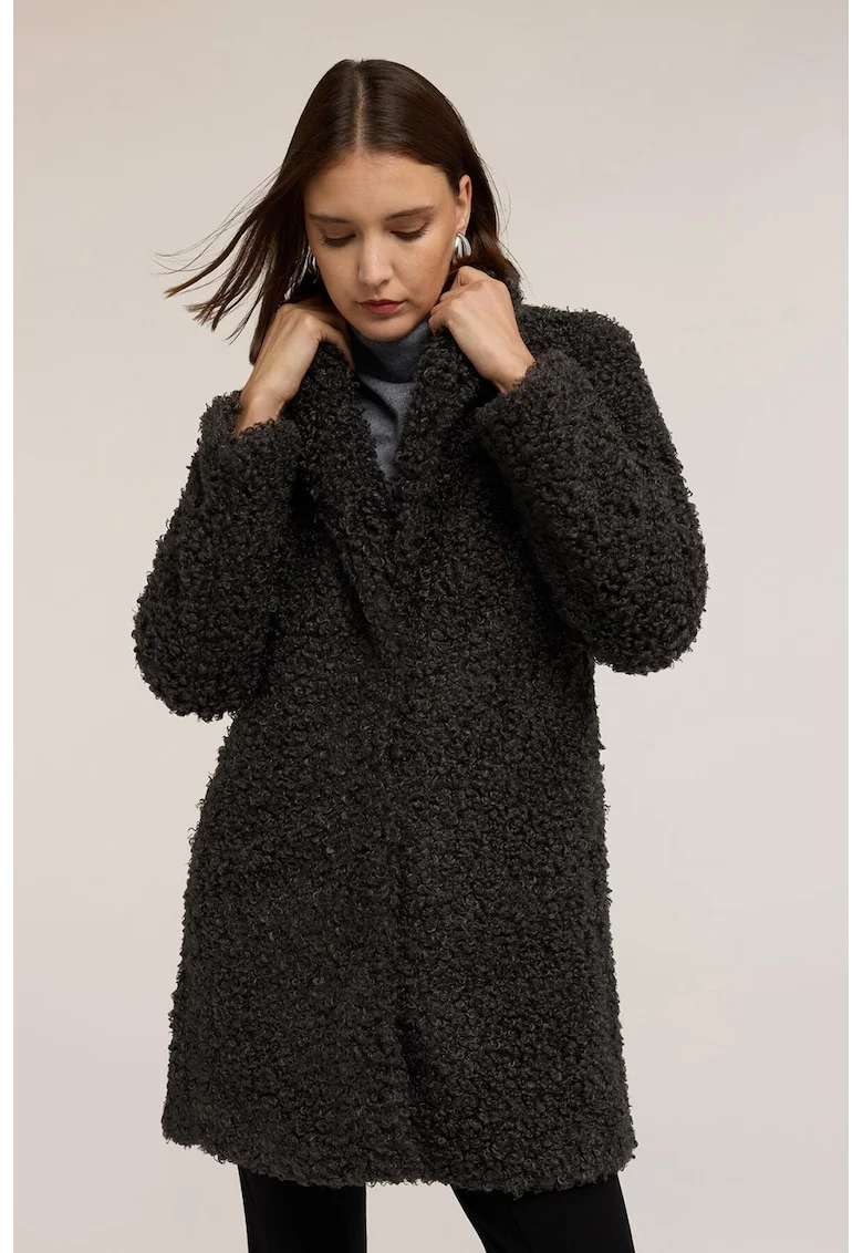 Palton din material teddy cu revere decupate, Negru