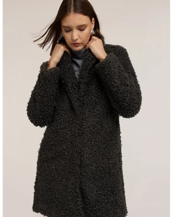 Palton din material teddy cu revere decupate, Negru