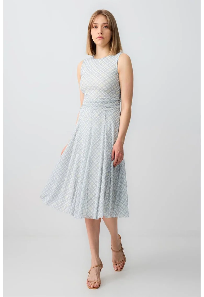 Rochie midi cu model in carouri si talie drapata, Albastru pal/Bej deschis